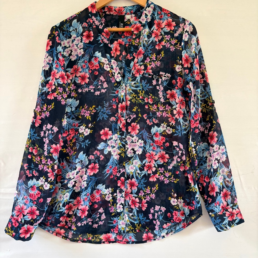 KUT from the Kloth Floral Button Down Blouse Navy Pink Blue Roll Tab Sleeve L
